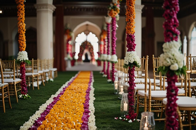 Colorful wedding aisle with fresh blossom garlands